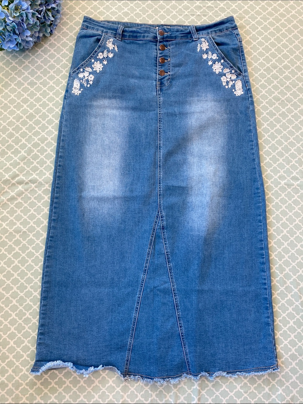 Inherit Co Lightwash Embroidered Denim Maxi Skirt 18